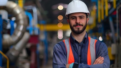 Male engineer in hardhat at construction site factory or warehouse. Concept Construction Site Engineer, Factory Worker, Warehouse Employee, Hard Hat Safety, Industrial Setting
