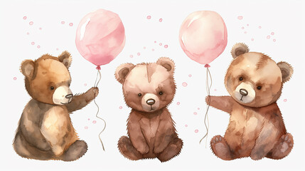 cute teddy bear with balloons, watercolor illustration