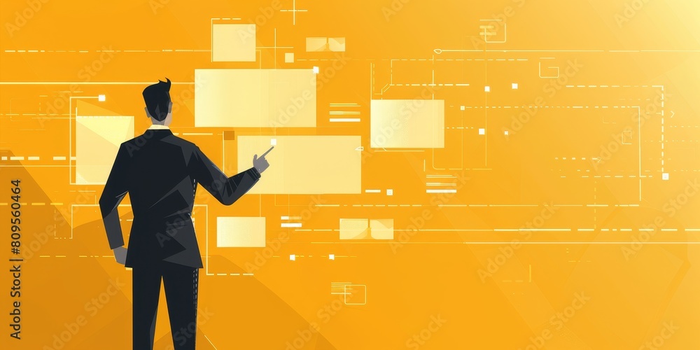 Poster a man pointing at a computer screen with a yellow background. the man is dressed in a suit and tie