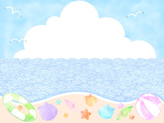 和模様入り夏の砂浜の水彩風背景フレーム