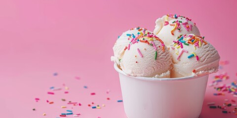 A white ice cream in a cup with rainbow sprinkles. The sprinkles are scattered around the ice cream, creating a colorful and festive atmosphere