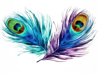 Watercolor Peacock Feather Isolated, Aquarelle Plumage, Creative Watercolor Exotic Feather Texture