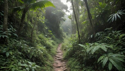 A rugged trail cutting through dense jungle vegeta
