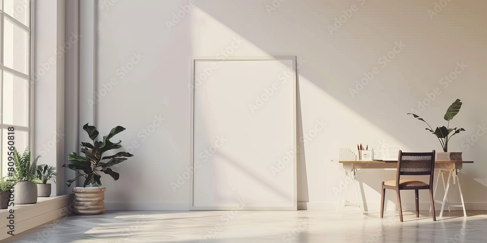 Aufkleber a white room with a desk and a chair. the desk has a computer and a keyboard. there are two potted p