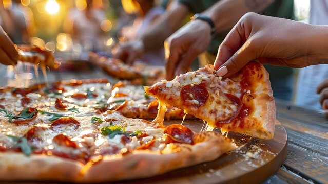 Closeup of people at outdoor party picking up slices of pizza. Concept Outdoor party, Closeup shots, Food photography, Social gathering, Candid moments
