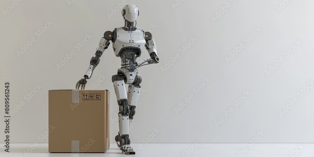 Poster a robot is standing next to a cardboard box. the robot is white and has a box in its hand