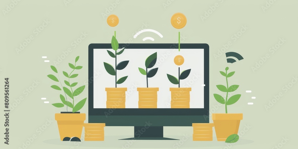 Poster a computer monitor with three plants and three coins on it. concept of growth and prosperity