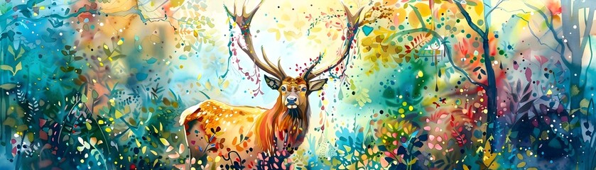 Fototapeta premium Majestic Stag Adorned with Boho Fabrics and Lights Amid Mystical Forest Glade