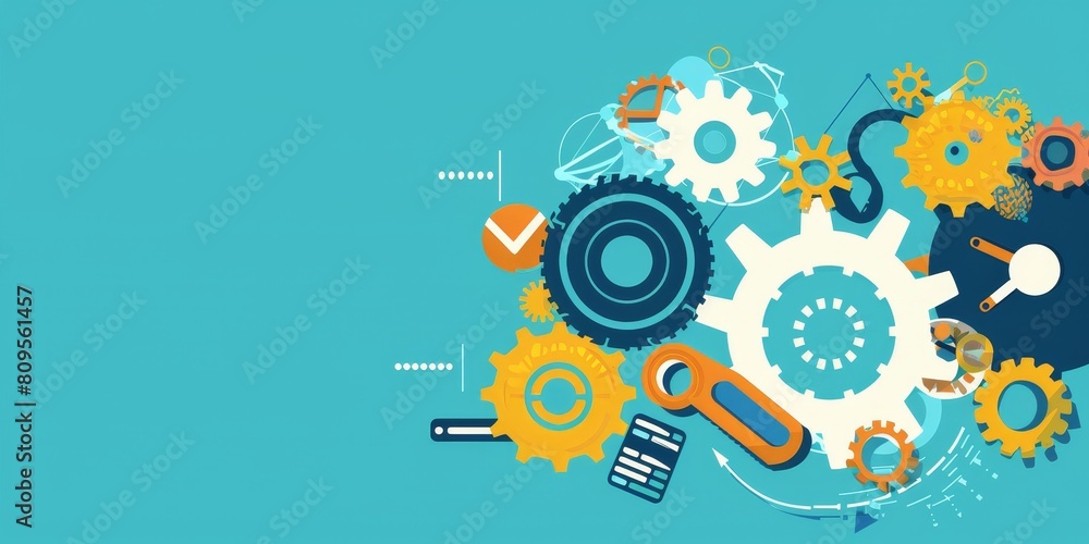 Poster a blue background with a lot of gears and other mechanical parts. the gears are of different sizes a