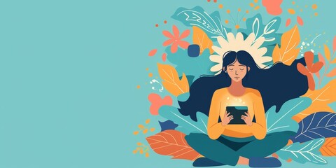 A woman is sitting in a garden with a book in her hand. She is reading the book while surrounded by flowers and leaves. Concept of relaxation and tranquility