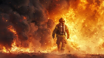Fearless firefighter bravely pushes through fierce flames, displaying heroism and courage