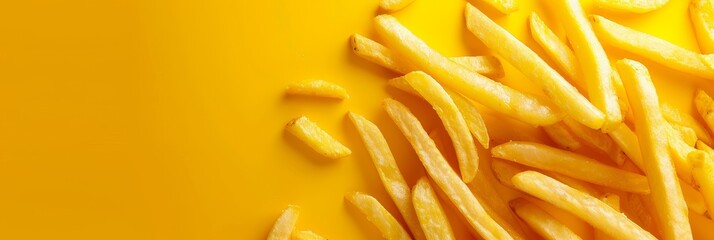 A close up of a pile of french fries on a yellow background. The fries are golden brown and appear to be freshly cooked. Concept of indulgence and comfort, as fries are often associated with fast food