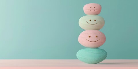 A stack of four smiling rocks on a table. Scene is cheerful and positive