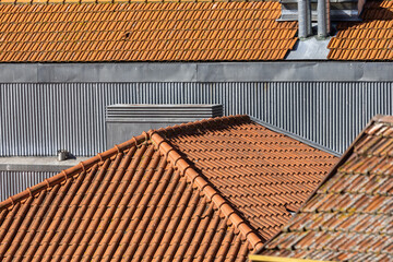 View from above of tiled roofs of the old town of Porto, Portugal.