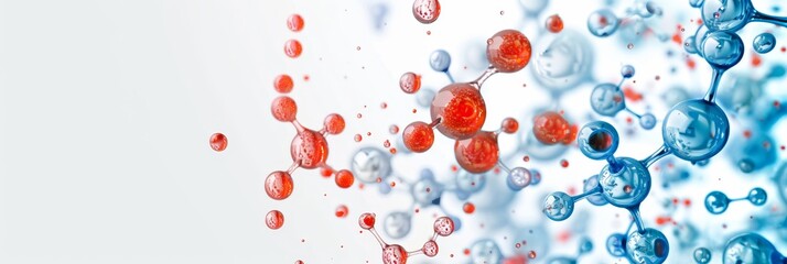 A colorful image of red and blue spheres with a white background. The spheres are arranged in a way that they appear to be connected, possibly representing a molecule or a chemical structure - obrazy, fototapety, plakaty