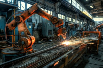 Industrial Welding Robots, Futuristic Machines in Production Line Manufacturer Factory, Welding Robots