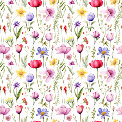 Watercolor Wild Flowers Seamless Pattern, Aquarelle Wildflowers Background, Watercolor Botanical Tile