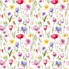 Watercolor Wild Flowers Seamless Pattern, Aquarelle Wildflowers Background, Watercolor Botanical Tile