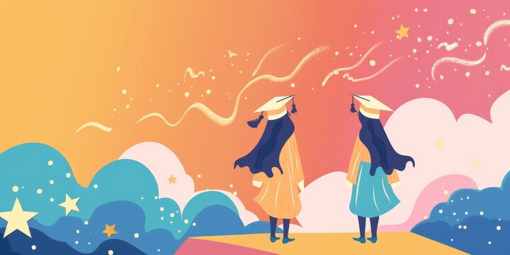 Two girls are standing on a hill, looking up at the sky. The sky is filled with stars and the girls are wearing graduation caps