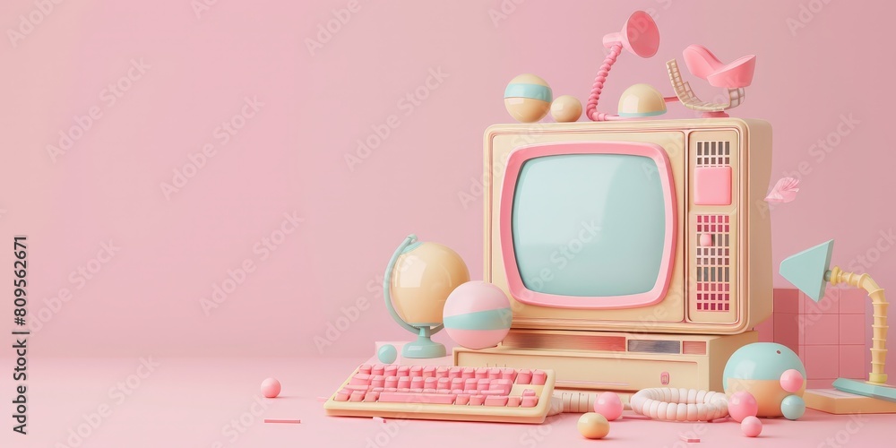 Poster a computer monitor with a pink background and a pink keyboard. the monitor is surrounded by various 