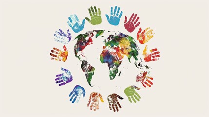 Conceptual hand print illustration of human hands around the world.