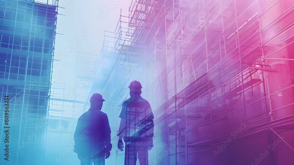 Aufkleber double exposure graphic of building engineers and construction workers collaborating on projects. co