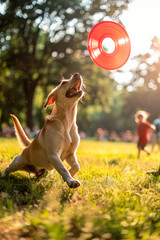 Labrador Retriever playing with a flying disc in the Park