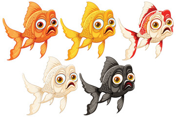Five cartoon goldfish with various expressions