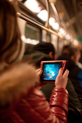 An individual playing on a portable gaming device while commuting on public transportation.