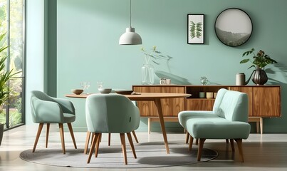 Mint color chairs at round wooden dining table in room with sofa and cabinet near green wall. Scandinavian, mid-century home interior design of modern living room