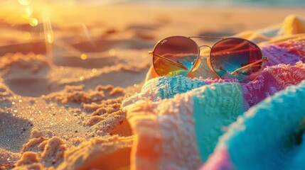 close - up of a colorful beach towel and sunglasses on sand, with a pair of sunglasses on the left and a pair of sunglasses on the right - obrazy, fototapety, plakaty