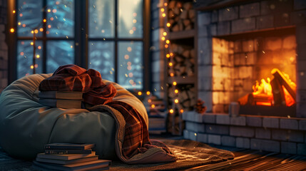 A cozy nook with a bean bag chair, a stack of books, and a warm blanket near a fireplace - Powered by Adobe