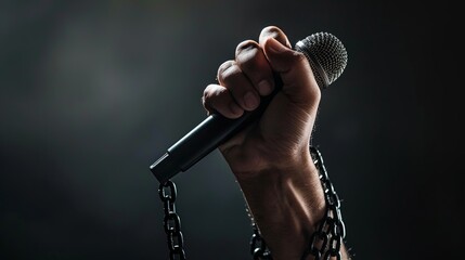 Close up of a man's hand holding a microphone on black background