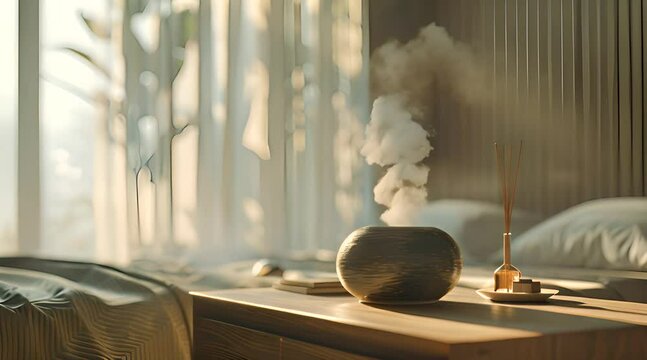 A modern bedroom with morning light streaming through sheer curtains, featuring a wooden aroma diffuser releasing smoke and a reed diffuser on a sleek bedside table