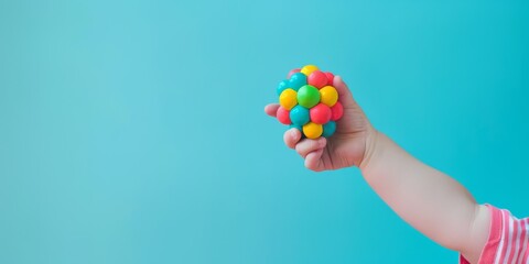 A child is holding a colorful ball of candy. The candy is in various colors and shapes, and the child is holding it in their hand. Concept of playfulness and joy