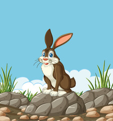 Illustration of a rabbit sitting on stones outdoors