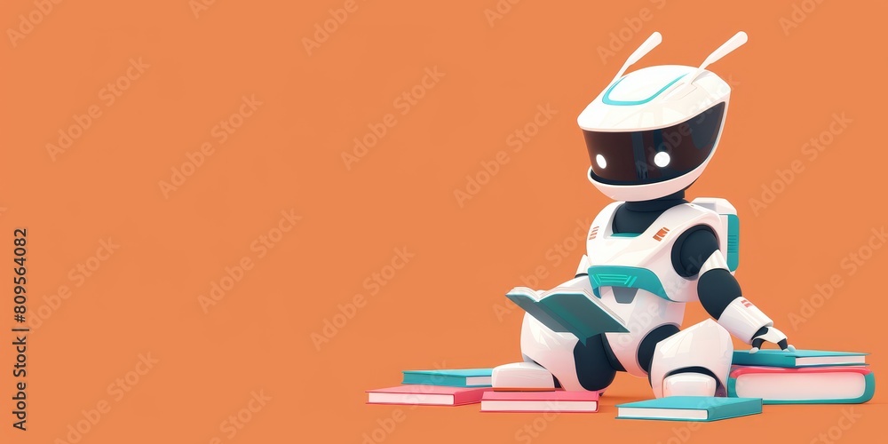 Poster a robot is sitting on a pile of books. the robot is reading a book. the robot is white and has two a