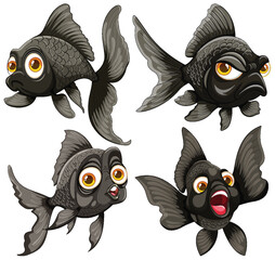 Four cartoon goldfish with various facial expressions.