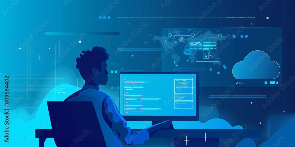 Poster a man is sitting at a computer with a blue screen behind him. the screen is filled with clouds and t