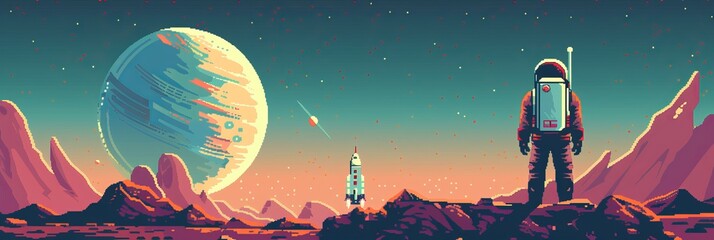 Naklejka premium A man in a space suit stands on a rocky surface in front of a large planet. The scene is set in a distant, otherworldly landscape
