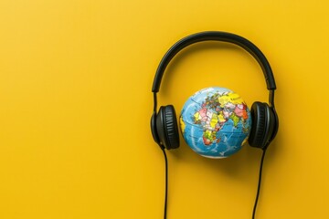 World music day concept. Stereo headphone and a globe on a yellow background.Top view and copy space with generative ai