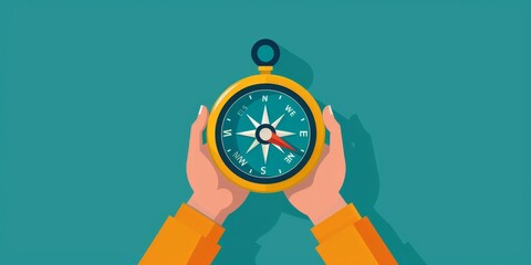 A person is holding a compass in their hand. The compass is pointing to the north. Concept of direction and guidance