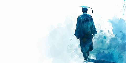 A man in a graduation cap walks across a blue background. Concept of accomplishment and pride, as the man is likely a graduate walking across the stage to receive his diploma