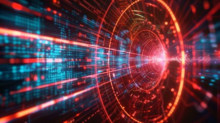 Quantum key distribution technology, glowing red blue tunnel of quantum key distribution technology, strength force impact collision explosion