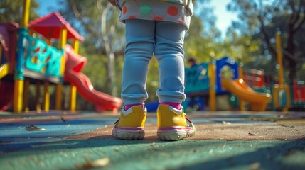 Kidcore concept, little kid standing on playground colorful equipment all around on sunny, creativity freedom exploration discovery learning