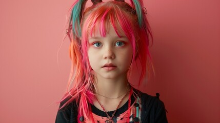 Kidcore concept, young girl bright pink hair blue eyes looks at camera surprised expression on face against pink background