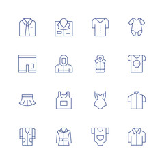 Clothing line icon set on transparent background with editable stroke. Containing uniform, labcoat, skirt, short, suit, tshirt, garment, jacket, body, clothes, babyclothes, shirt.
