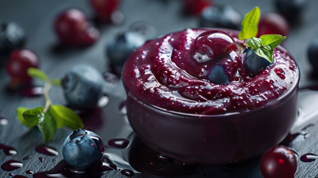 Elegant presentation of blueberry compote in a dark ceramic bowl
