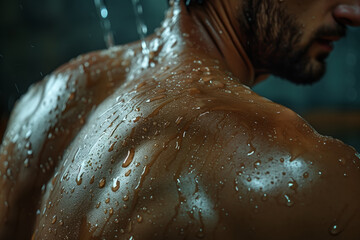 Close-up of a muscular tanned man with water droplets on his skin, taking a shower