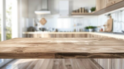 Empty beautiful wood table top counter and blur bokeh modern kitchen interior background